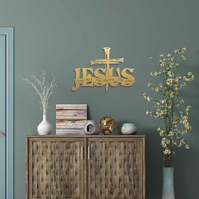Jesus Cross Metal Wall Decor Christian Wall Art for Home Religious Cross Decoration Living Room Bedroom Prayer Room The Way The Truth The Life Christ Inspired Christian Gift for Family Friends(Gold)