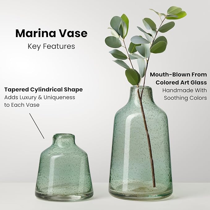 Torre & Tagus 6 Inch Tall Green Glass Vase with Gold Flakes, Mouth Blown Glass Vases Green Flower Vase Centerpieces, Watertight for Hydroponic Plants, Coastal Seagreen Gold Decor Accents (Marina)