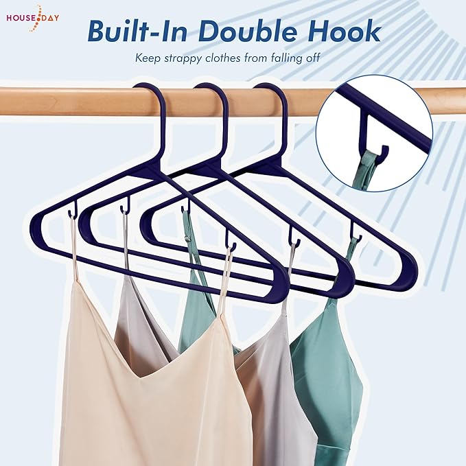 HOUSE DAY Black Plastic Hangers 40 Pack, Plastic Clothes Hangers with Built-in Strap Hooks, Space Saving Slim Hanger for Closet Organizers and Storage, Durable Clothing Hanger for Shirts Blouses Tops