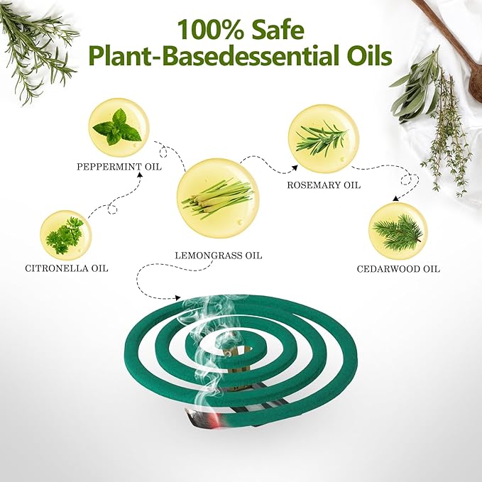 Natural Essential Oil Scented Coils for Outdoor Use, Fresh Aroma, Burns 5-7 Hours, 20 Coils & 2 Stands for Patio Backyard