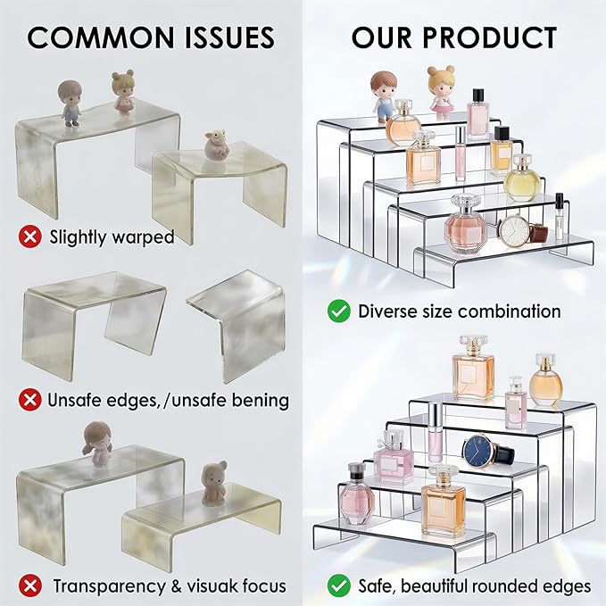 Fixwal 20pcs Large Acrylic Risers 4 Set Acrylic Display Stand Perfume Organizer Stands Clear Rectangular Dessert Table Display Set, Display Shelf for Show Cupcake, Figures, Jewelry, Toys