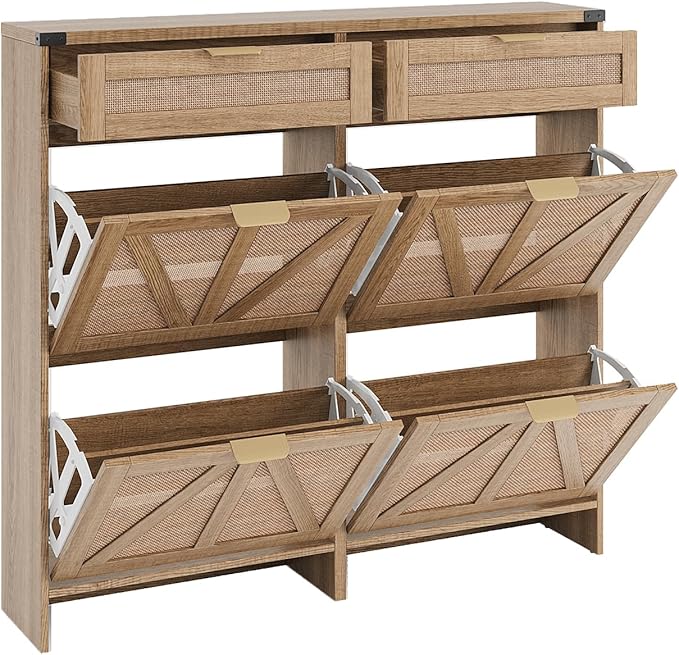 Shoe Cabinet with 4 Flip Drawers & 2 Drawers,Farmhouse Shoe Storage Cabinet for Entryway,Slim Freestanding Organizer Rack for Front Door Entrance,Rustic Oak Rattan