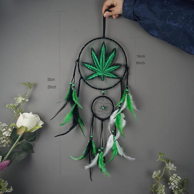 Green Leaf Weed Dream Catcher Wall Hanging Decor Bedroom Adult Living Room Home Bohemian Decorations (Two Rings)