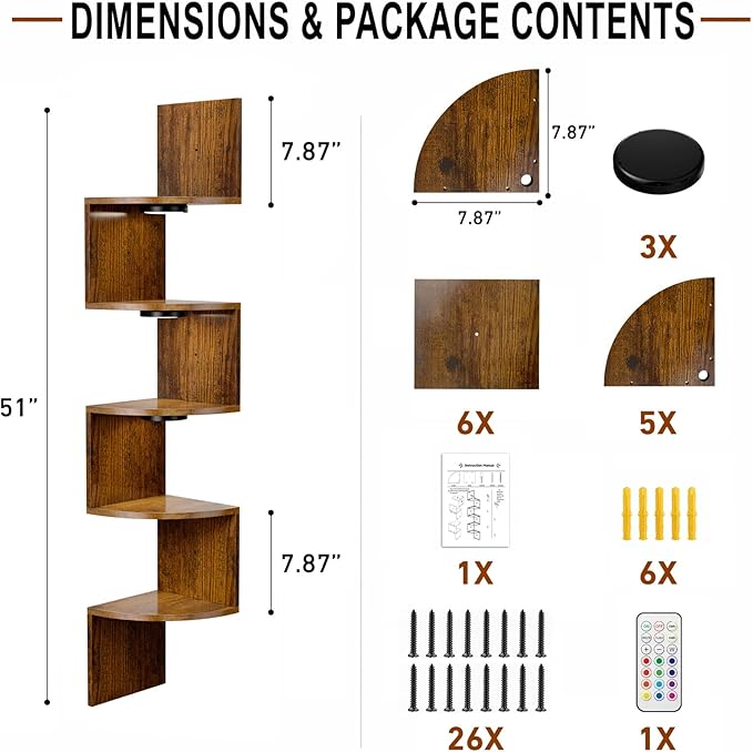 HAAYOT Corner Shelf Wall Mounted: 5-Tier Floating Shelves with Lights for Bedroom, Living Room, Home Office, Rustic Brown