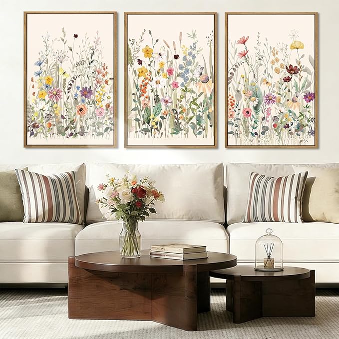 BINCUE Wildflower Wall Art Large Floral Wall Painting Neutral Print Pictures Framed Flower Wall Decor Wildflower Artwork Flowers Pictures Floral Art Prints for Living Room Bedroom Bathroom Farmhouse 24x36 Inches Set of 3 Gift