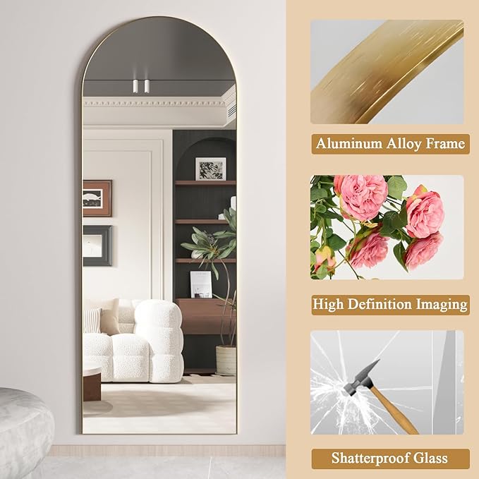 Full Length Mirror, 56"x16" Arch Floor Mirror with Stand, Gold Arched Full Body Standing or Leaning Mirror for Bedroom, Living Room