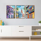 KAlRNE Vintage Cityscape Framed Canvas Wall Art Set of 3(24”X36”),Watercolor Street Scenery Wall Decor,Colorful Tropical Building Painting,Texture Botanical Art Prints For Living Room Bedroom Office
