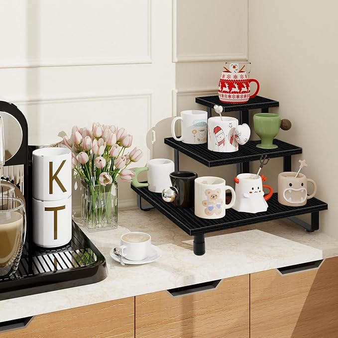 ELITEROO 3 Tier Wooden Retail Display Shelves, Portable Display Rack for Retail Counter Top Craft Shows Tradeshows, 3 Step Corner Tiered Table Display Tower Stand for Cupcake Jewelry Display, Black