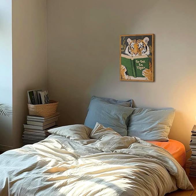 Framed Funny Tiger Wall Art, Motivational Animal Reading Wall Decor Paintings, Eclectic Go Get Em Tiger Canvas Prints Pictures Home Decor for Living Room Bedroom Dorm Office 16x24 inch