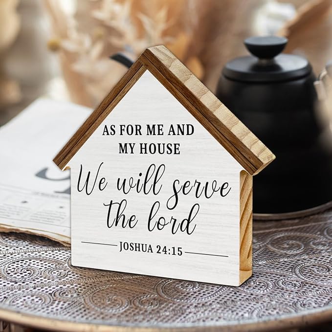 As for Me and My House We Will Serve the Lord Christian Decor, Bible Verse House Shaped Wood Sign, Christian Home Room Decor for Desk Table Shelf