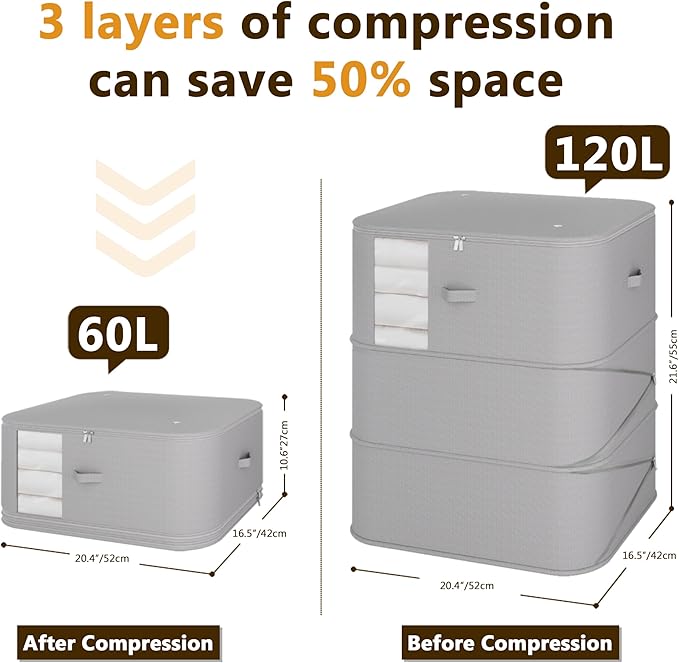 3-Layer Compressible with Zippers Blanket & Comforter Storage Bag,Ultra Space Saving Self Compression Organizer，Save 50% Space, 2 PCS，Gray
