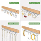 Necklace Holder Wall Mounted Jewelry Organizer - 2 Pack Wooden with 28 Rotating 180° Hooks for Hanging Earring & Ring Bracelet Storage, Decorative Space-Saving Jewelry Display (Natural)