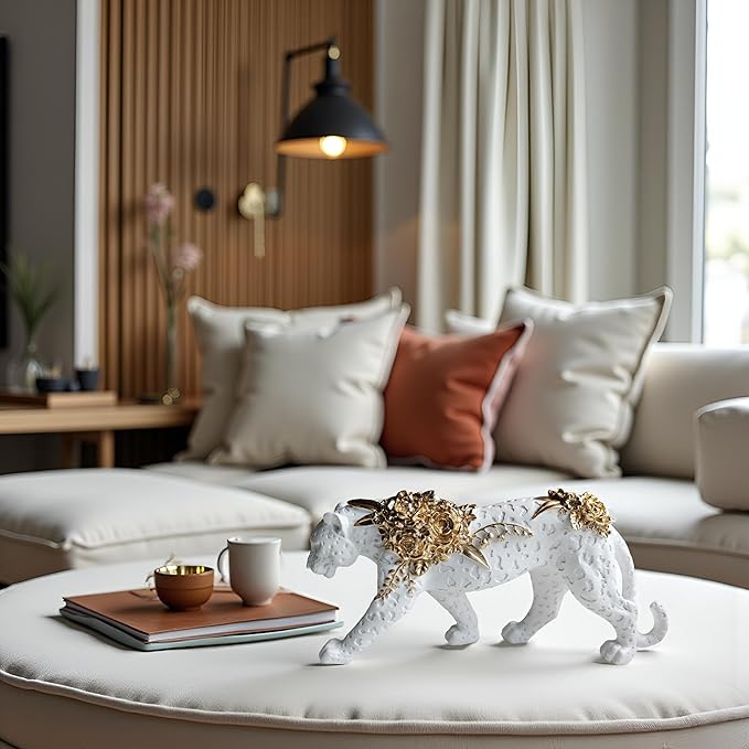 Cheetah Statue White Gold Leopard Sculpture Home Decor Leopard Sculpture Resin Handmade Sitting Suitable for Living Room Table Center Bedroom Gift for Woman Father