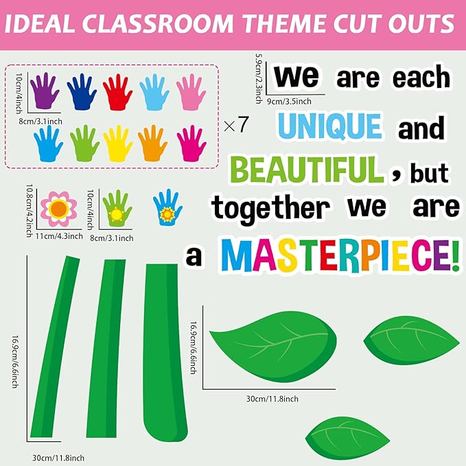 gisgfim Classroom Bulletin Board Decoration Set Wall Door Decor Hands Tree Colorful Handprint Classroom Decorations for Kindergarten Preschool Elementary Middle School(We are Each Unique and...)