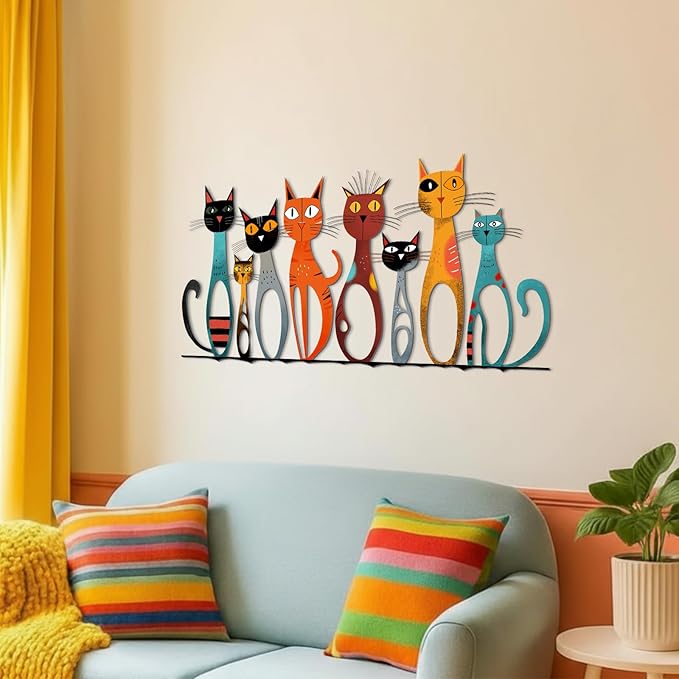 Wesiti Cat Wall Art Decor Iron Wall Sculptures Decor for Cats Lover 15.75 x 7.02 Inches Colorful Mid Century Cat Retro Signs for Home Living Room Bedroom Kitchen Office(Cute)