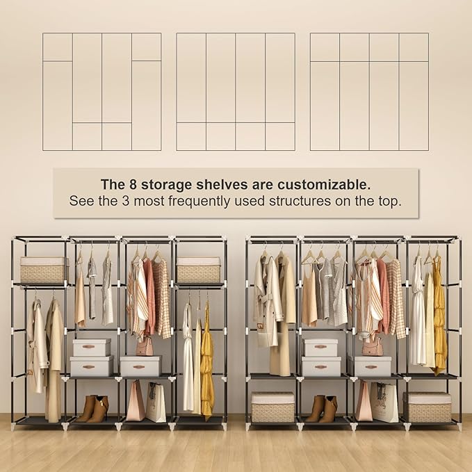 Portable Closet Wardrobe, 67-Inch Clothes Organizer with 4 Hanging Rods and 8 Shelves, Non-Woven Fabric Cover, Large Capacity Storage for Bedroom and Living Room, Grey
