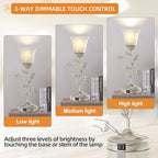Rustic Touch Table Lamp for Bedroom, 3-Way Dimmable Nightstand Lamp with 2 USB Ports, Retro Vintage White Glass Shade Leaf Desk Lamp for Living Room Entryway, LED Bulb Included