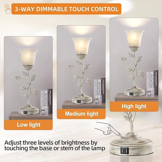 Rustic Touch Table Lamp for Bedroom, 3-Way Dimmable Nightstand Lamp with 2 USB Ports, Retro Vintage White Glass Shade Leaf Desk Lamp for Living Room Entryway, LED Bulb Included