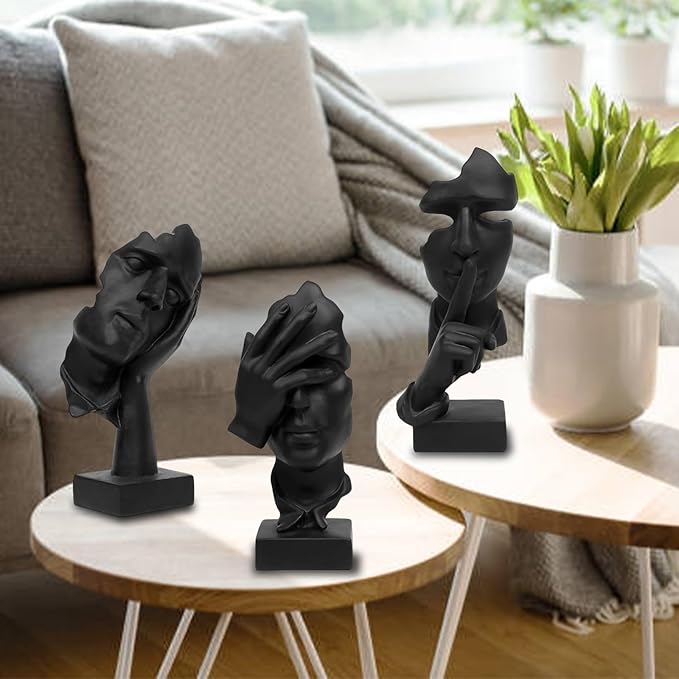 aboxoo Large Size 3 Pcs Thinker Statue, Silence is Gold, See No Evil Hear No Evil Speak No Evil Statues, Modern Resin Sculptures Decor for Living Room Home, Office, Study (Black)