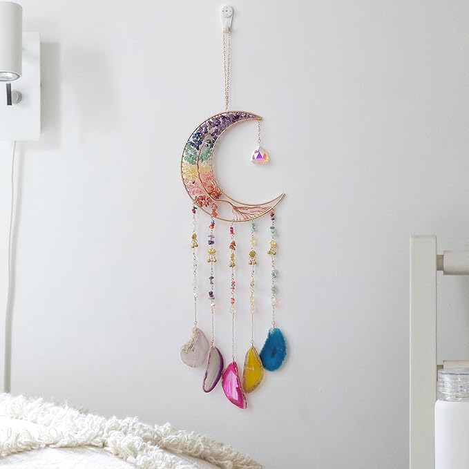 7 Chakra Wind Chimes Tree of Life Agate Moon Dream Catchers Hanging Ornament Natural Gem Agate Slice Crystal Wind Chime for Home Garden Decoration (Color)