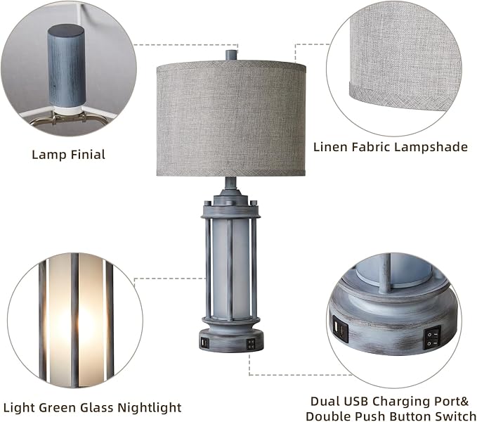 AIEAMPDO Set of 2 Rustic Table Lamps for Living Room, Farmhouse Vintage Nightstand Lamp with 2 USB Ports, Antique Retro Light Green Glass Night Light for Bedroom Entryway, 4 Bulbs Included