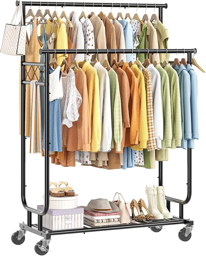 Heavy Duty Clothes Rack, Rolling Clothing Rack With Shelves Load 450 LBS, Double Rod Clothing Racks with Wheels for Hanging Clothes, Black