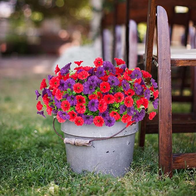 12 Bundles Morning Glory Artificial Flowers for Outdoor Decoration UV Resistant Fake Plastic Plants Artificial Greenery for Indoor Outdoor Garden Patio Window Box Home Decor
