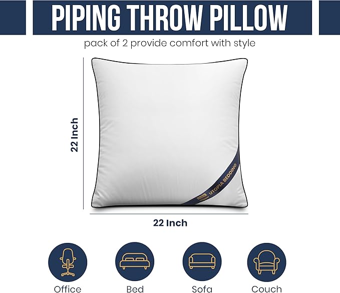 Utopia Bedding Throw Pillow Inserts (Pack of 2, White), 22 x 22 Inches Decorative Indoor Pillows for Sofa, Bed, Couch, Cushion Sham Stuffer