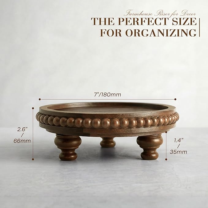 EOSAHR Acacia Round Wood Display Riser for Home Decor – Beaded Pedestal Tray for Perfume Organizer, Bathroom Tray & Kitchen Counter Decor - Farmhouse Boho Accent for Apartment(Acacia Wood)