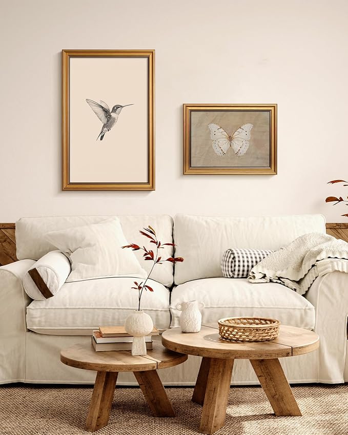 VIYYIEA Vintage Gold Framed Wall Art for Living Room, Birds Canvas Prints Home Decor, Sketch Painting Picture, Bedroom Wall Decor Gifts for Friends or Family -【Hummingbird】-(24L x 16W)