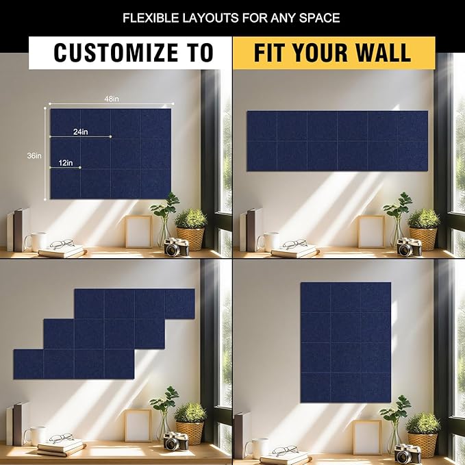 TSJOFFICE Large Cork Board for Wall - 48" x 36" Bulletin Board with 50 Pushpins for Office Decor, Pin Board 12 Pack Felt Wall Tiles with Safe Removable Adhesive Tabs, Corkboard for Home - Navy Blue