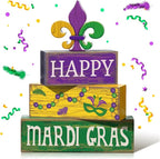 Moucuny 4 Pcs Mardi Gras Decorations Mardi Gras Wooden Sign Carnival Table Centerpiece Carnival Tiered Tray Decor Decorative Faux Book Stack Block for Masquerade Party Fireplace Mantel Shelf
