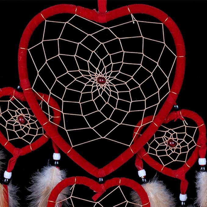 Large Handmade Dream Catcher Traditional Dreamcatcher Feather Wall Hanging Decoration Ornaments Five Hearts Red