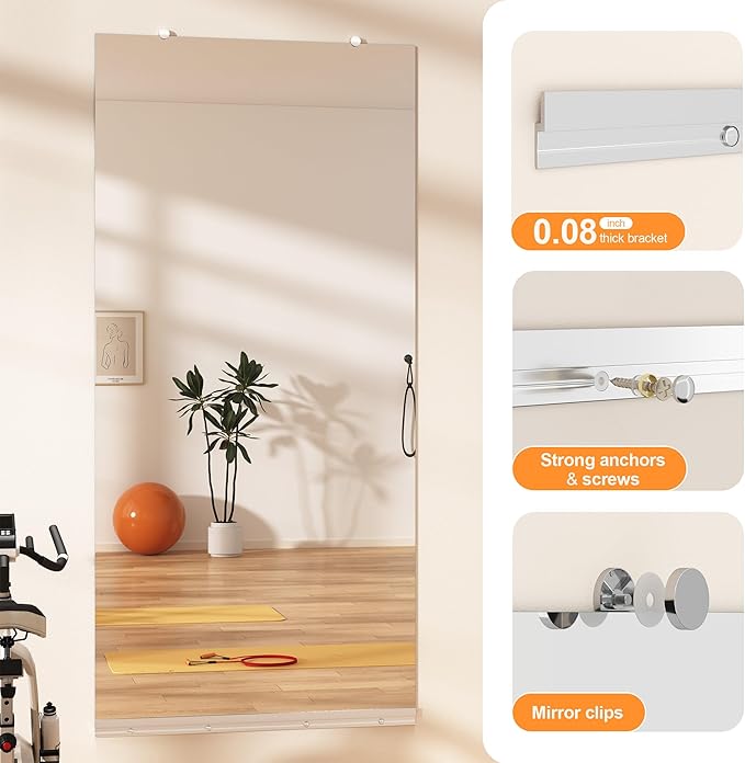 Hasipu Home Gym Mirror, 63"x28" Each, 1-Pack Frameless Wall Mounted Mirrors with Glass Clamps & 1 Aluminum Rail, Large Body Mirror for Home Gym, Yoga Studio, Bedroom, Silver Tempered Glass