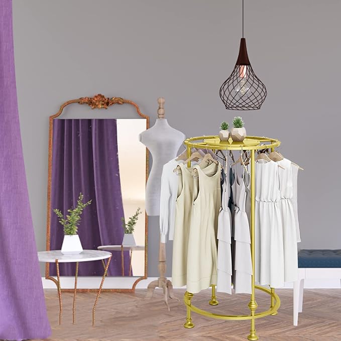 Round Garment Rack, Floor Standing Iron clothes Hanging Rack with Topper, Suitable for Large Shopping Malls Retail, Clothes Boutique Display Laundry Rooms Multi-Purpose Hanging (GOLD)