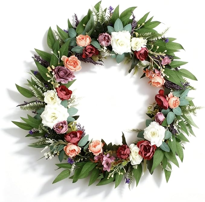32 Inch Eucalyptus Wreaths with Roses, Hydrangeas, Lavender, Berries, Salal Leaves, Ferns, Dusty Miller, Green Summer Spring Wreaths for Front Door, Large Wreath for Porch Decor