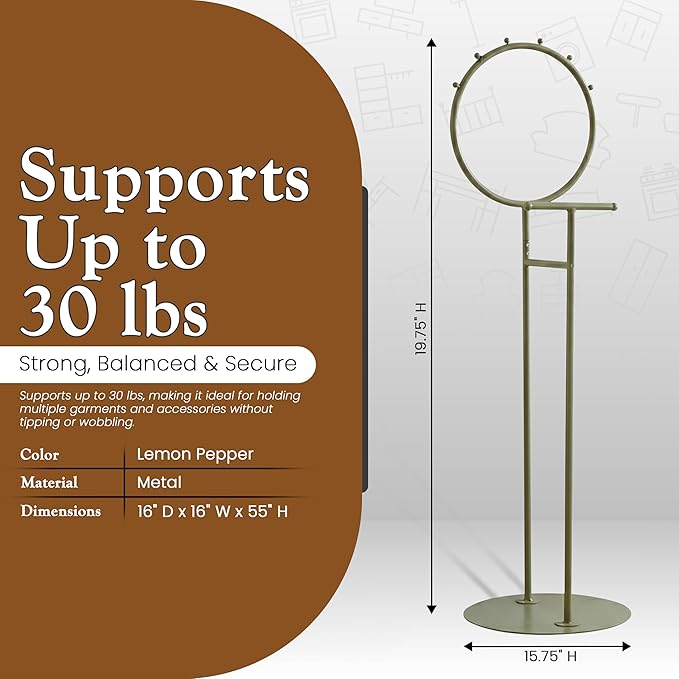 Kings Brand Furniture Cheska Suit Valet Stand with Circular Frame - Tie Jacket Clothes Hooks, Freestanding Clothing Organizer, Lemon Pepper
