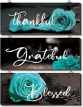 Hillban 3 Pieces Rose Wooden Wall Decor Rose Bathroom Decor Thankful Grateful Blessed Accessories Inspirational Wall Art Signs for Living Room Kitchen Wedding(16 x 6 Inch,Teal)