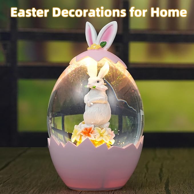 Easter Snow Globe Lantern with 6H Timer, Lighted Swirling Glitter Bunny and Eggs Decor, USB/Battery Operated Easter Decorations for Home, Spring Holiday Centerpiece or Gift