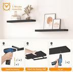 HOOBRO Floating Shelves for Wall, Wall Mounted Shelf Set of 2, 23.6" Hanging Shelf with Invisible Brackets, for Wall Decor Storage in Bathroom Bedroom Kitchen Living Room Office, Black BK60BJ01