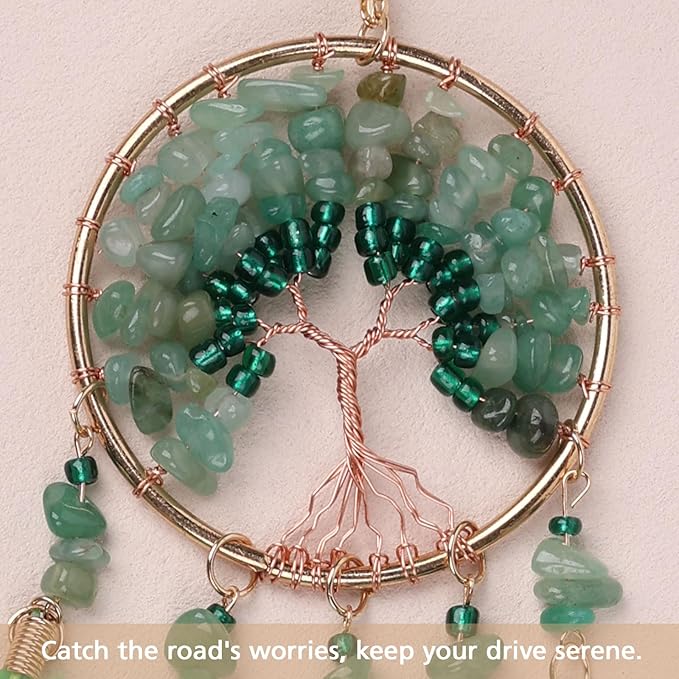 Pretty Jolly Small Tree of Life Crystal Stone Dream Catchers Green Feathers Mini Dreamcatchers for Cars Rear View Mirror Hanging Decoration Good Luck Travel Charm Bedroom Ornaments for Women Girls