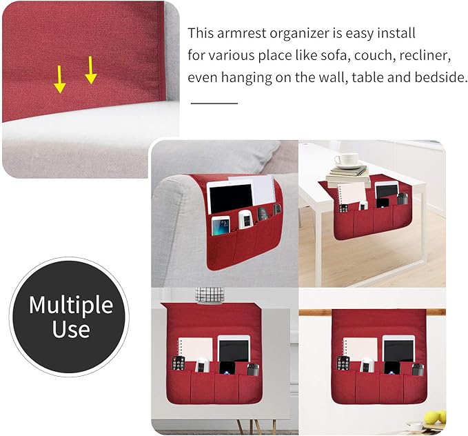 Sofa Armrest Organizer, Remote Control Holder for Recliner Couch, Arm Chair Caddy with 5 Pockets for Magazine, Tablet, Phone, iPad