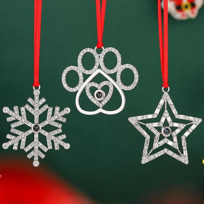 Set of 3 Christmas Hanging Ornaments - Silver Snowflake Star Pawprint Christmas Tree Decor for Xmas Tree Gift Decorative Hanging Ornaments Hanging Pendants (3, Multi-3)