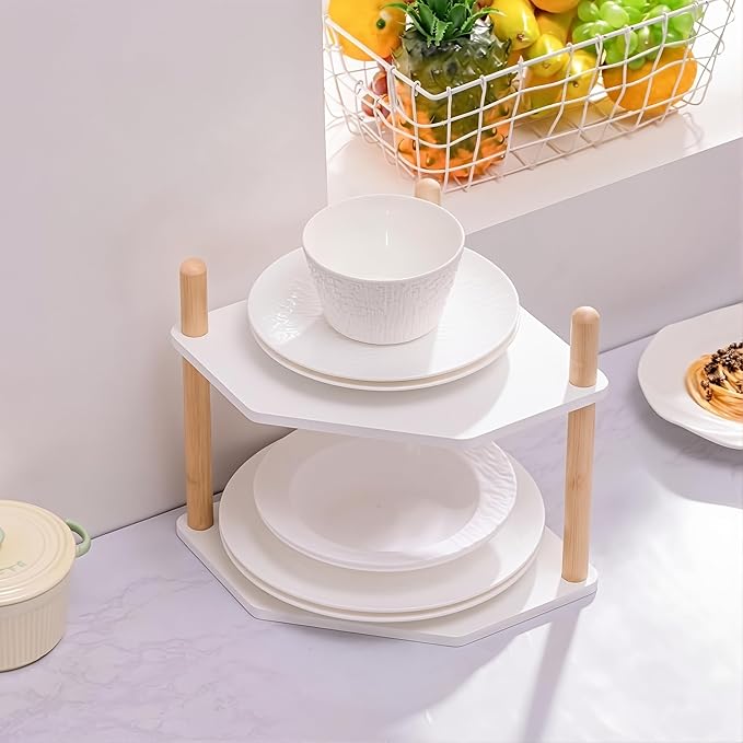 2-Tier Expandable Bamboo Corner Shelf - Dish/Plate Organizer for Cabinet, Kitchen Counter Shelf & Small Kitchen Shelf, Adjustable (6.7" H-White, 2-Tier)