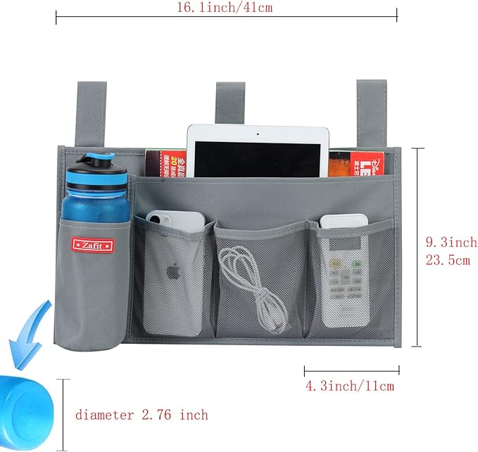 Zafit Hanging Bedside Caddy, Bedside Storage Organizer for Magazine, Phone, Remote control (5 Pockets-Grey)