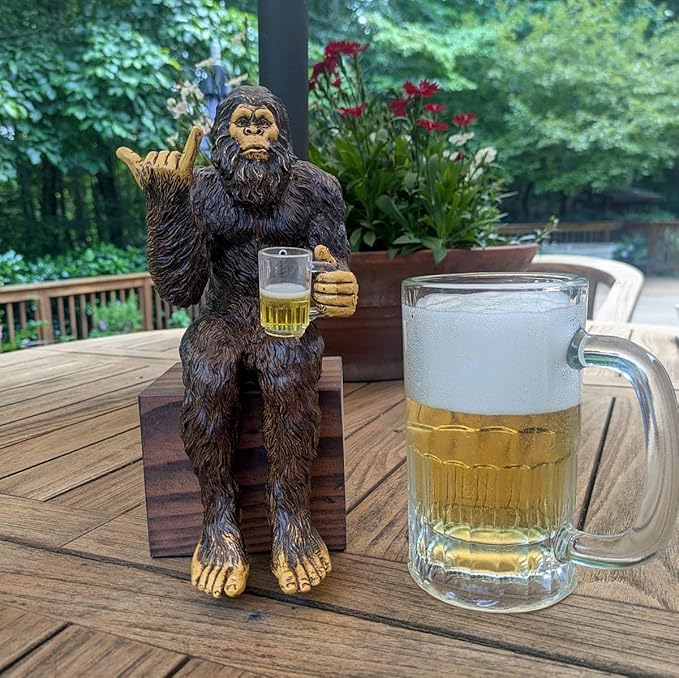 John Bernard & Company Party Bigfoot Male Hang Loose Beer Drinking Decorative Sasquatch Yeti Statue/Figurine 10 Inch H Shelf Sitter Figurine (Natural)
