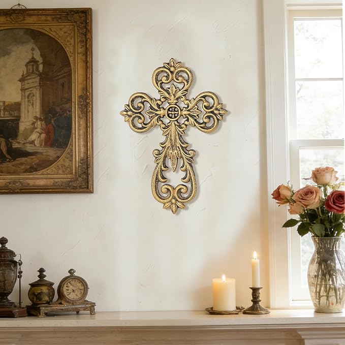 Sungmor Vintage Cast Iron Cross Wall Decor, 9.8" Tall Heavy Duty Rustic Gold Finish Wall Sculpture,Ornate Metal Art Farmhouse Home Decor