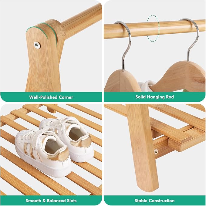 Small Clothes Rack Kids Dress Up Storage for Playroom, Toddlers Bedroom, Bamboo Child Garment Rack with Storage Shelf, Kids Clothing Rack Costumes Organizer