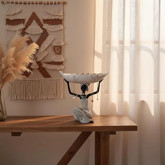 Lescafita African Woman Holding White Leaf Bowl Statue, Modern Resin Figurine Sculpture, Boho Home Table Decoration for Living Room or Entryway