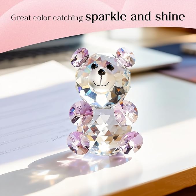 H&D Pink 3D Little Bear Crystal Figurine Paperweights Glass Xmas Decor